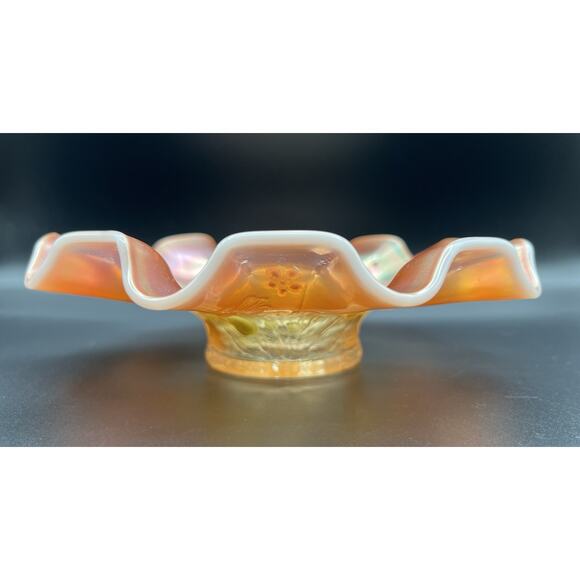 Antique Dugan Enameled Single Flower Opalescent Peach Carnival Glass Bowl 9” - Picture 5 of 11